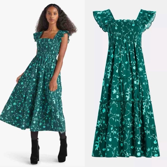 Hill House Home The Ellie Nap Midi Dress in Emerald Green Botanical Print XS - Picture 4 of 12